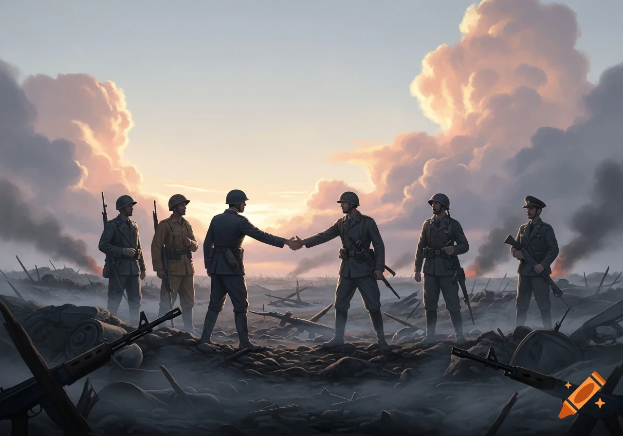 Six soldiers on a smoky battlefield, two shaking hands in reconciliation, under dramatic clouds.