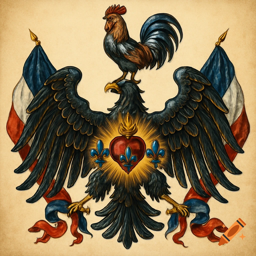 A stylized emblem featuring a dark eagle with outspread wings, a rooster standing on its head, a glowing Sacred Heart, fleurs-de-lis, and French flags.