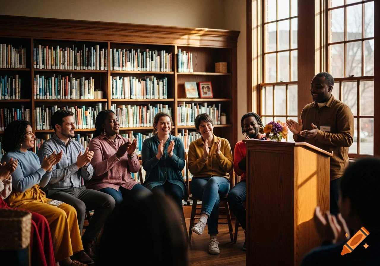 A warm, photorealistic photo of diverse people clapping and smiling in a community library, acknowledging a speaker at a podium.