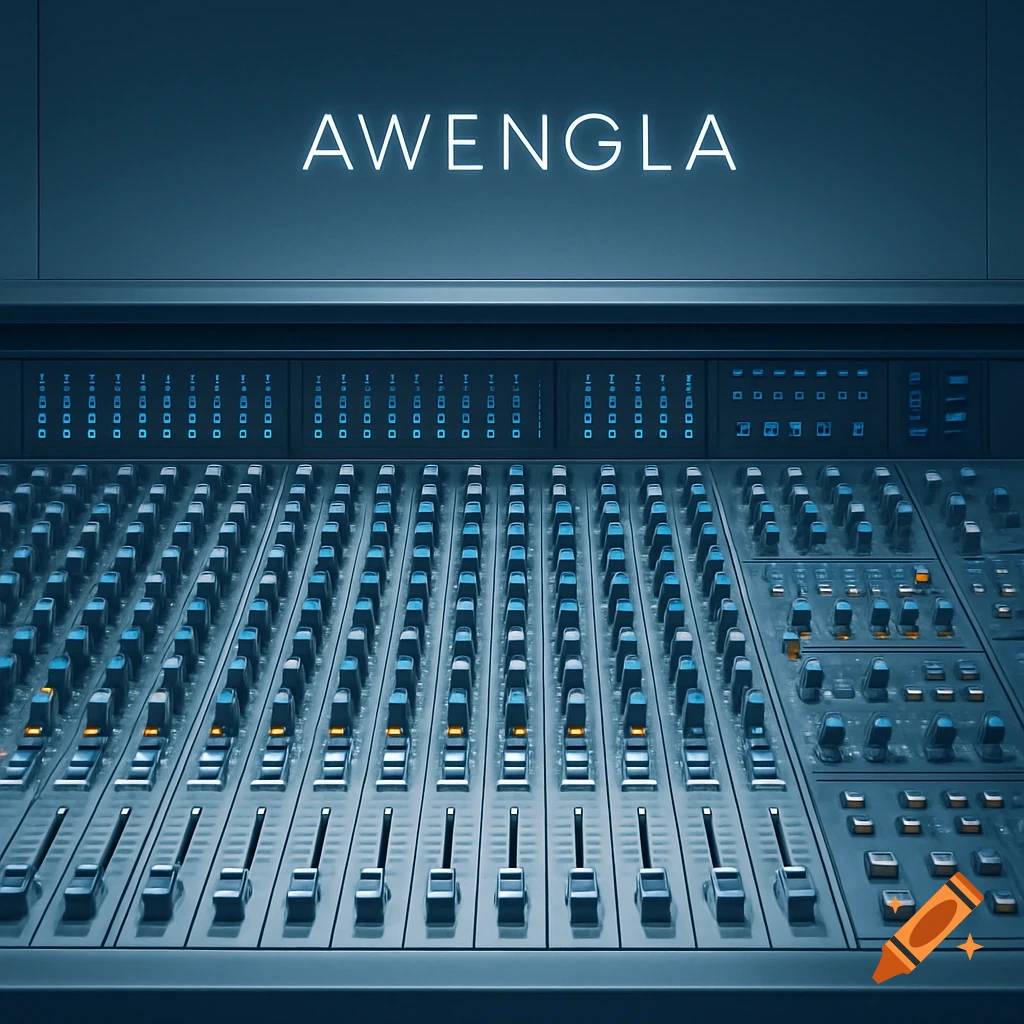 A close-up, high-angle shot of a sound mixing console with many faders and knobs, with the glowing white text AWENGLA at the top.
