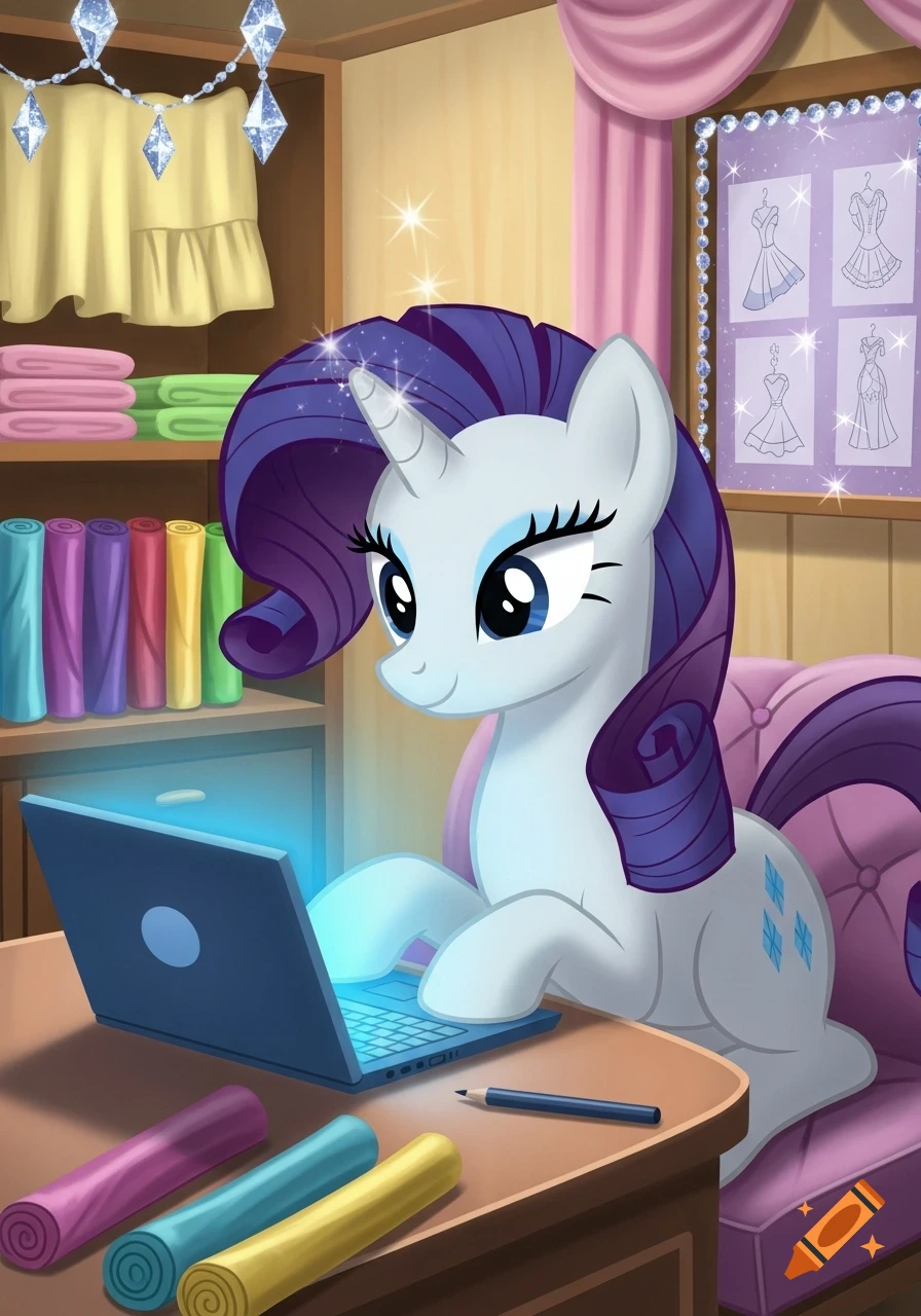 Rarity, a white unicorn from My Little Pony, uses a glowing blue laptop at a desk in a cartoon fashion boutique with fabric rolls and dress sketches.