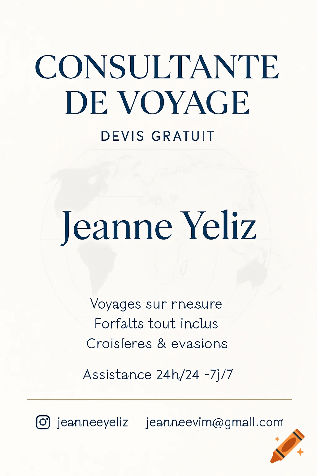 A chic corporate poster for a travel consultant named Jeanne Yeliz, featuring a faint world map in the background and contact information.