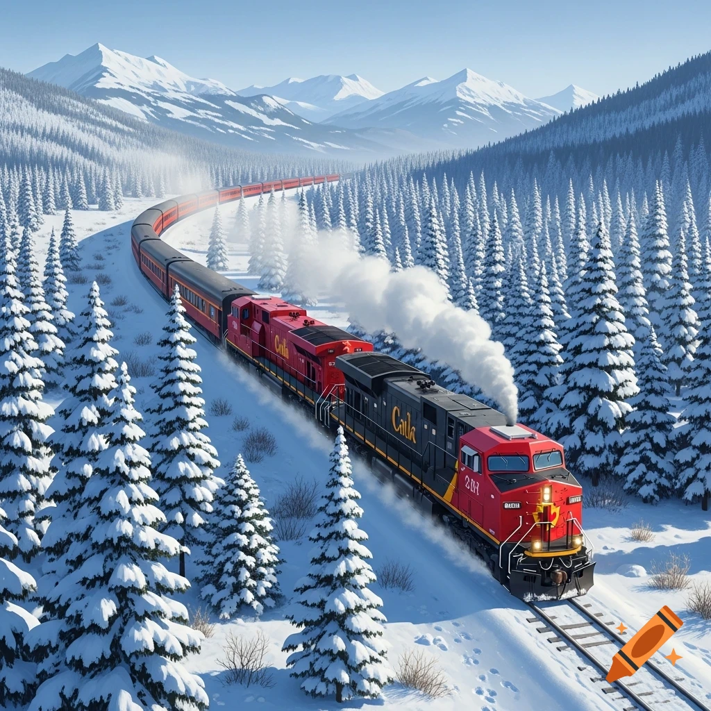 A red and black train travels through a snowy mountain landscape, with tall snow-covered pine trees.