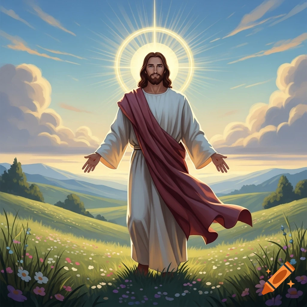 Jesus Christ with outstretched arms, radiating light on a vibrant, flowery green hill under a bright, cloudy sky.