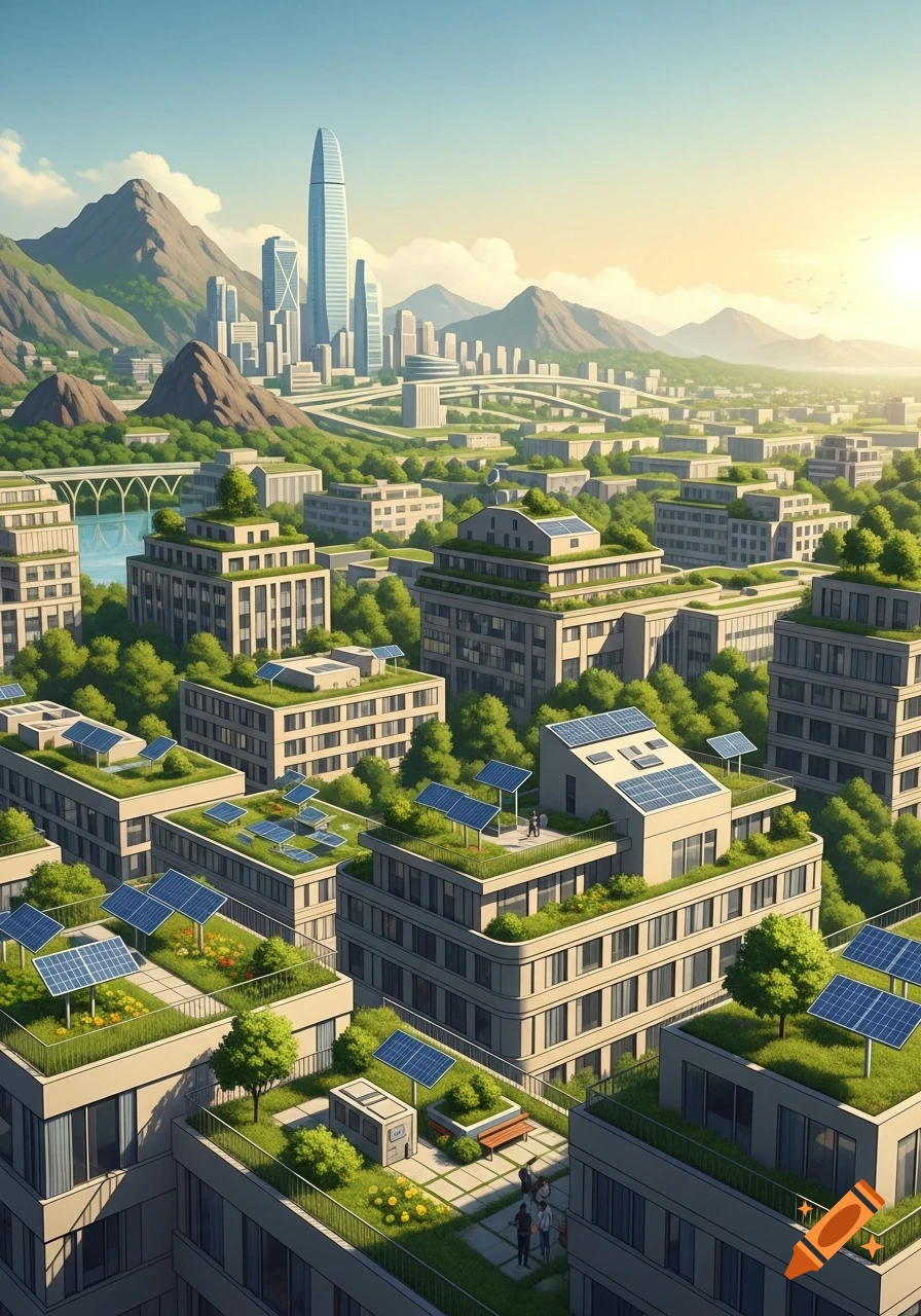 A vibrant, futuristic city with green rooftops, gardens, and solar panels on buildings, nestled among mountains.