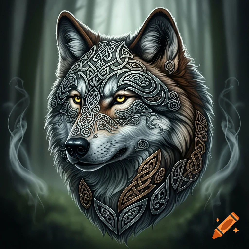 A detailed wolf's head illustration, adorned with intricate silver and gold Celtic knot patterns, glowing yellow eyes, against a dark forest.