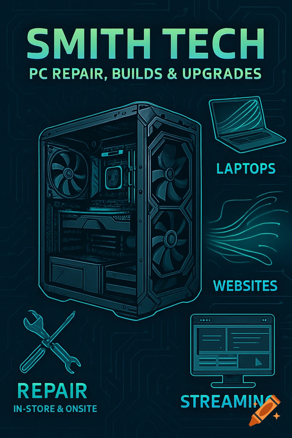 A stylized tech service poster for "SMITH TECH" in green and blue, featuring a PC tower, laptop, repair tools, web icon, and monitor, advertising PC repair, builds, upgrades, laptops, websites, and streaming services.