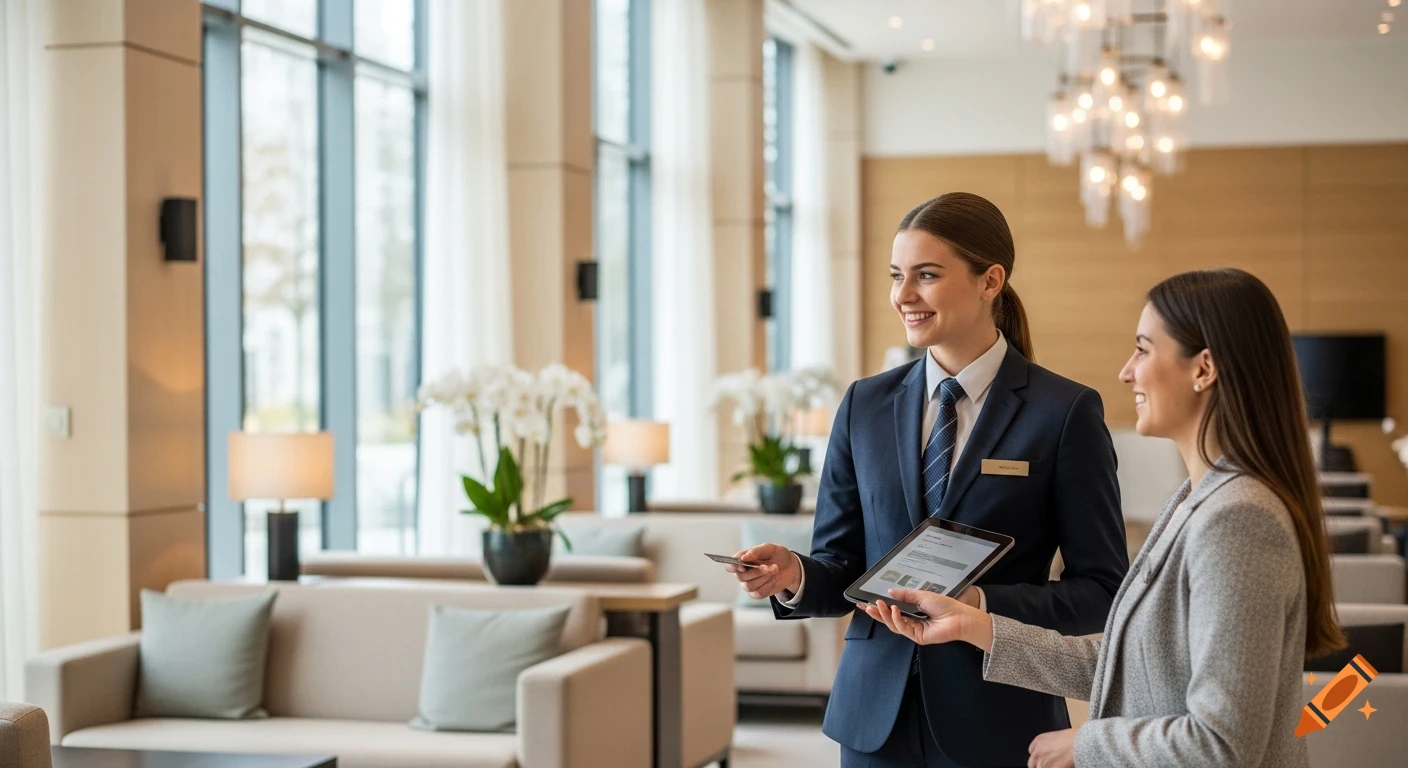 A smiling hotel staff member in a suit hands a credit card and a tablet to a guest in a bright, modern hotel lobby, in a photorealistic style.