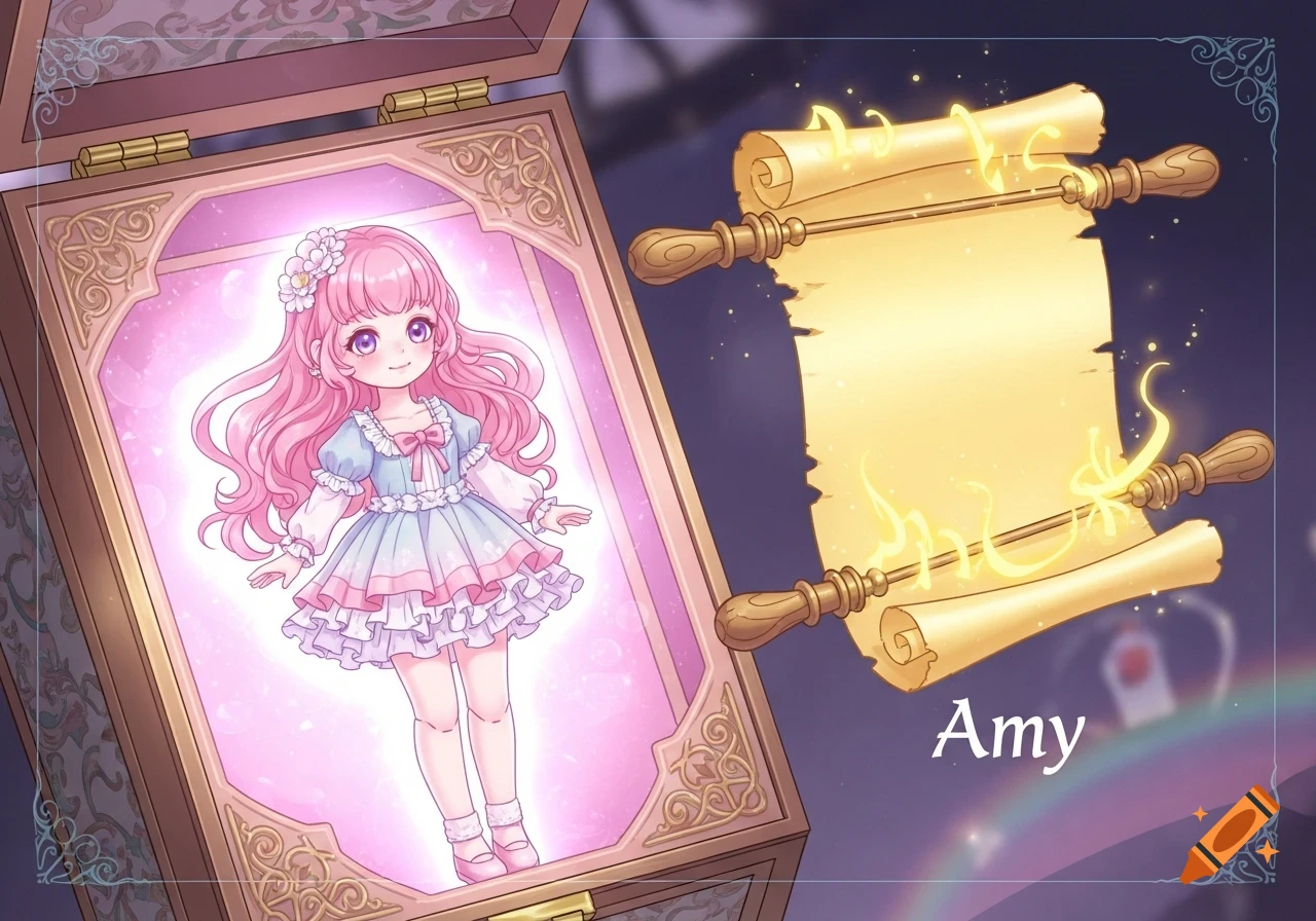 A pink-haired anime doll glows in an open, ornate music box, next to a magical golden scroll with the name 'Amy' on it.
