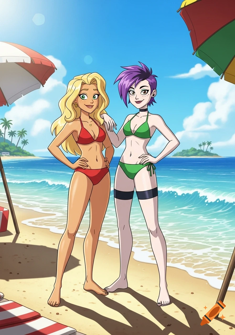 Two animated women, one blonde in a red bikini and one with purple hair in a green bikini, stand on a sunny beach.
