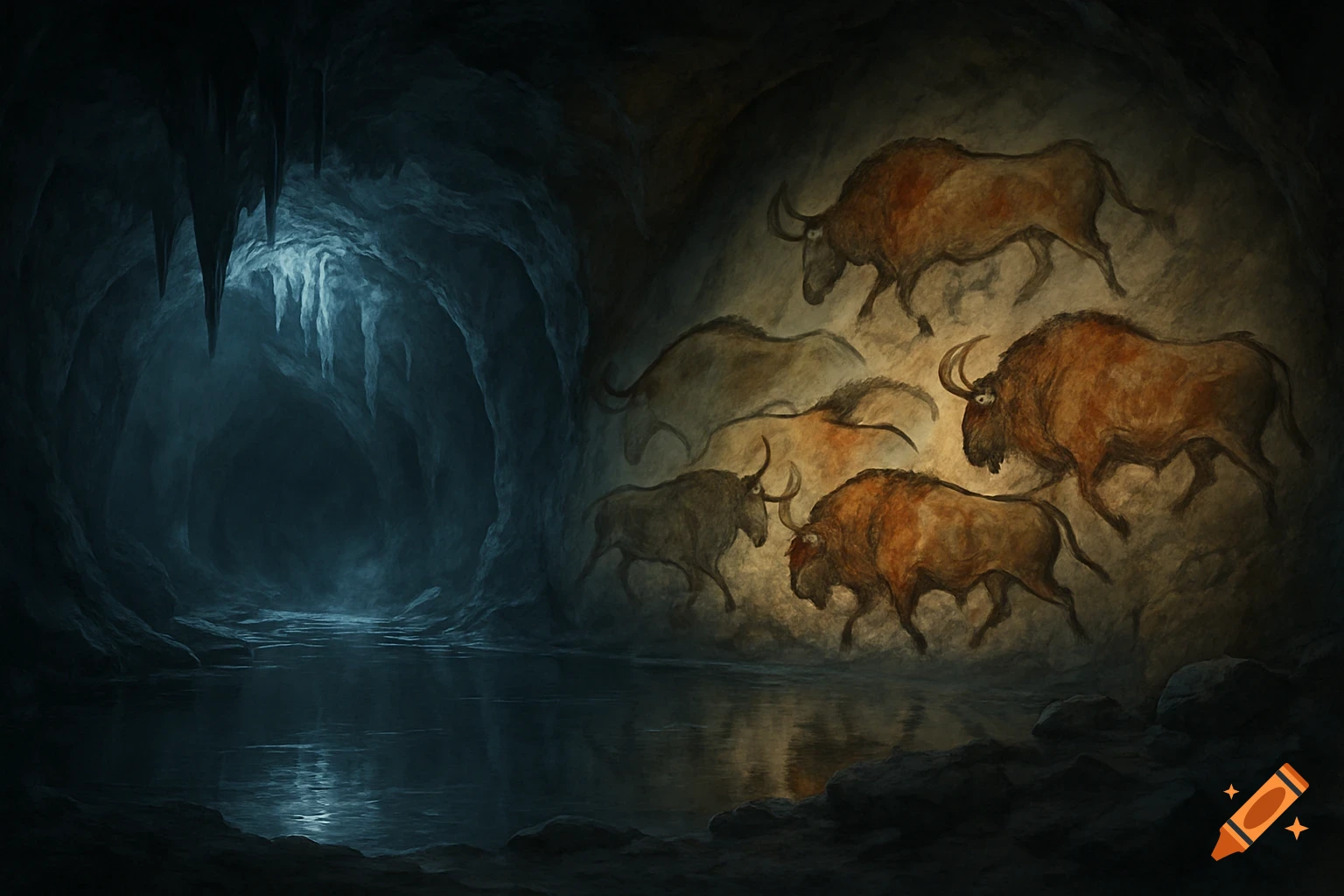 A dark, glowing Ice Age cave with an underground lake and ancient cave paintings of bison and aurochs on the walls.