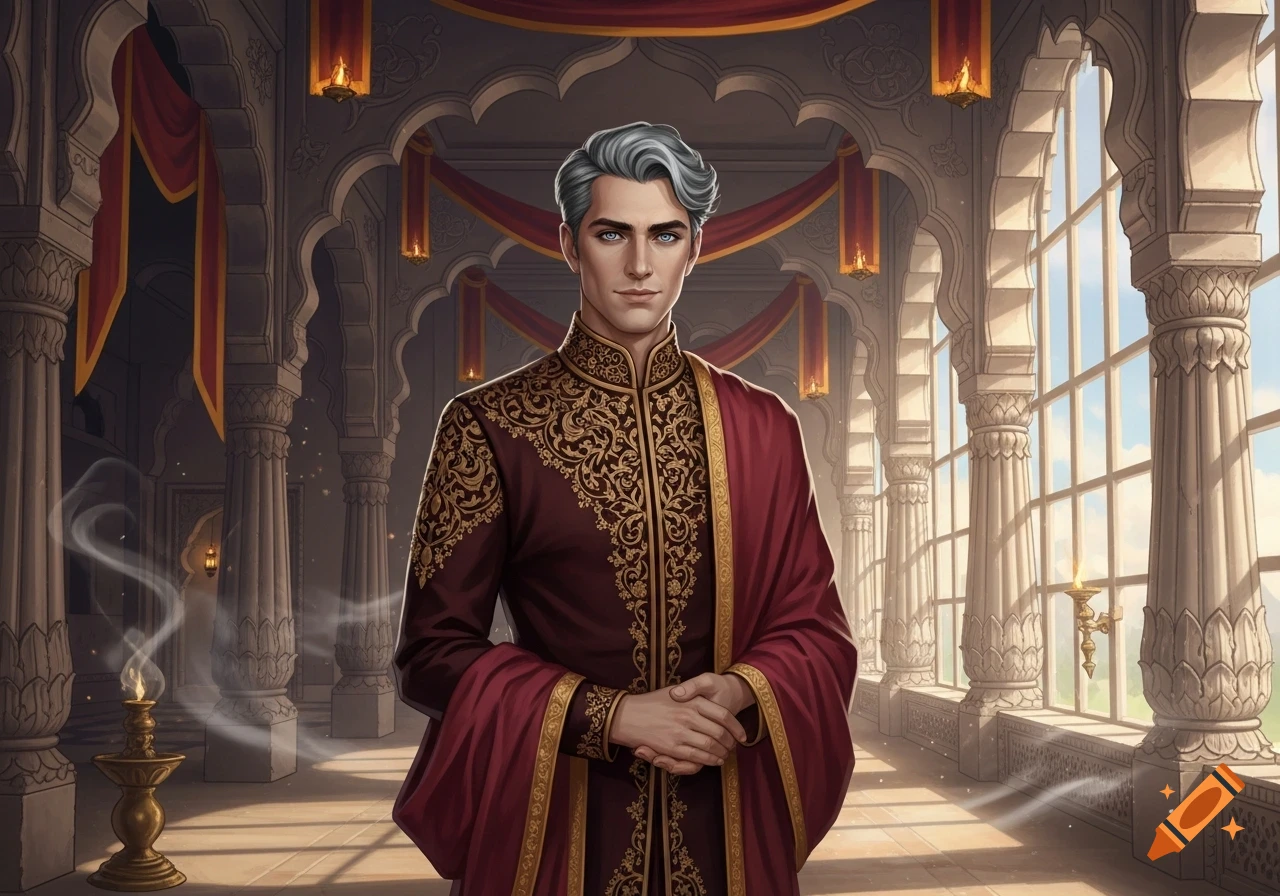 A silver-haired man in a maroon and gold embroidered Indian outfit stands in an ornate palace hallway.