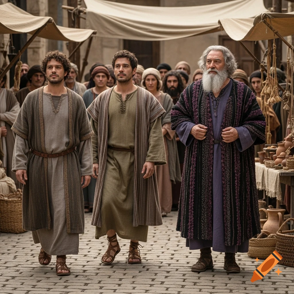 Three men in ancient robes, one older with a grey beard, walk through a bustling marketplace. Photorealistic style.