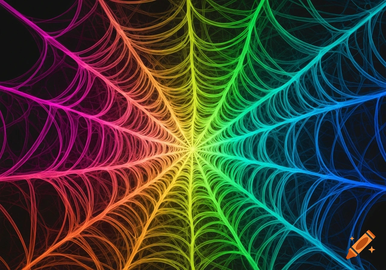 A vibrant, multicolored digital spiderweb on a black background, with colors smoothly transitioning from pink to blue.