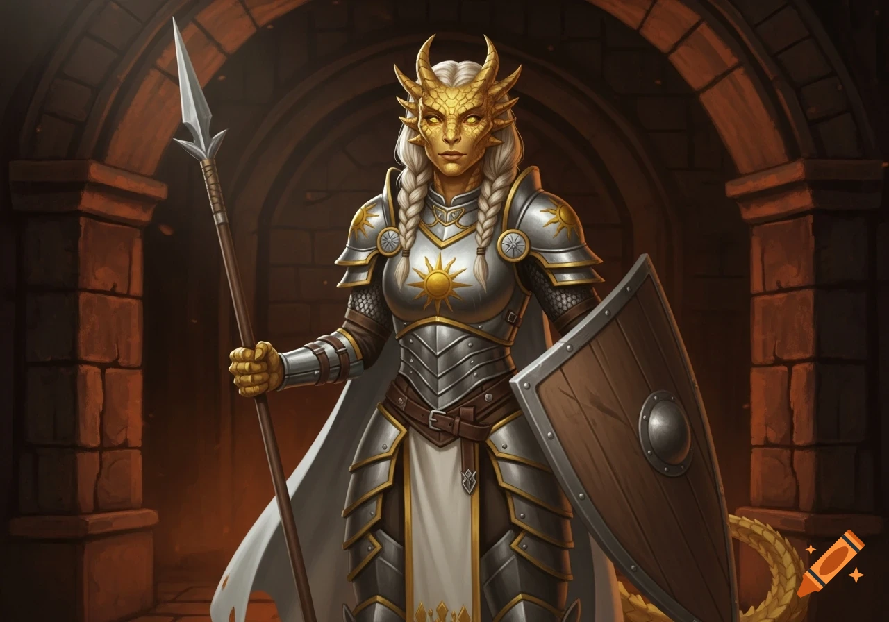 A female Dragonborn cleric in ornate silver armor with sun emblems, holding a spear and shield in a dungeon.