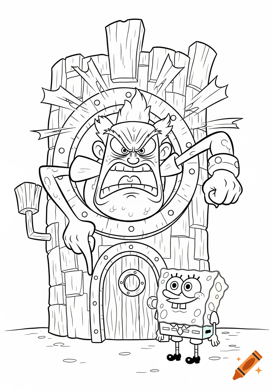 Black and white coloring page of an angry character yelling from a Tiki house window at a calm Spongebob.
