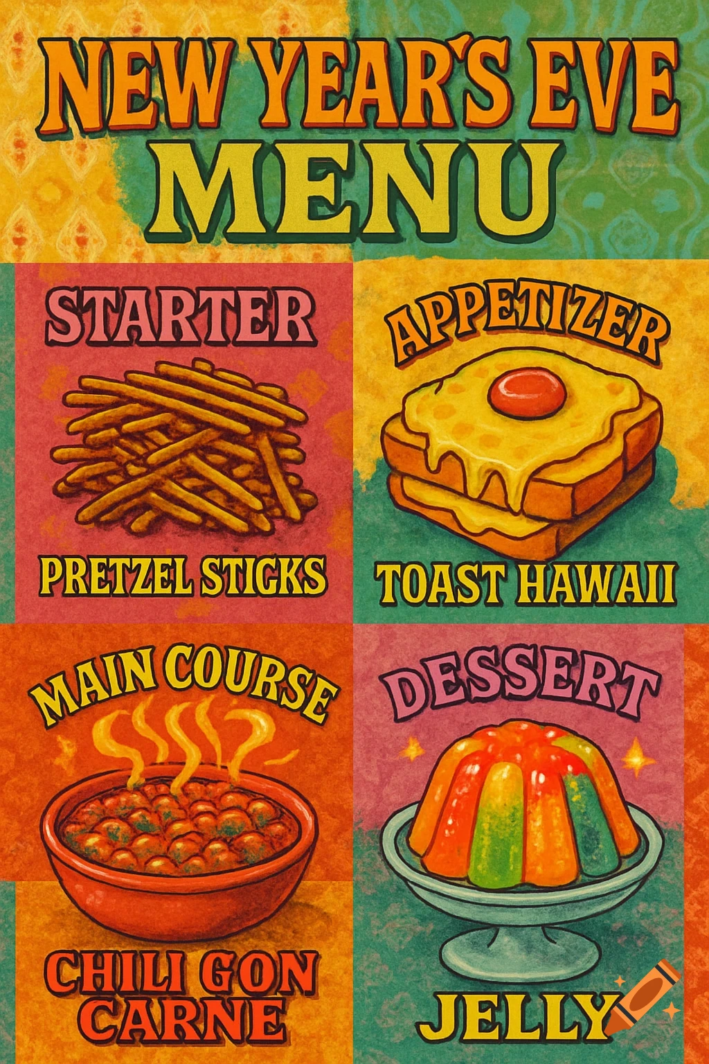 A retro-style New Year's Eve menu featuring Pretzel Sticks, Toast Hawaii, Chili Gon Carne, and Jelly, each with an illustration.
