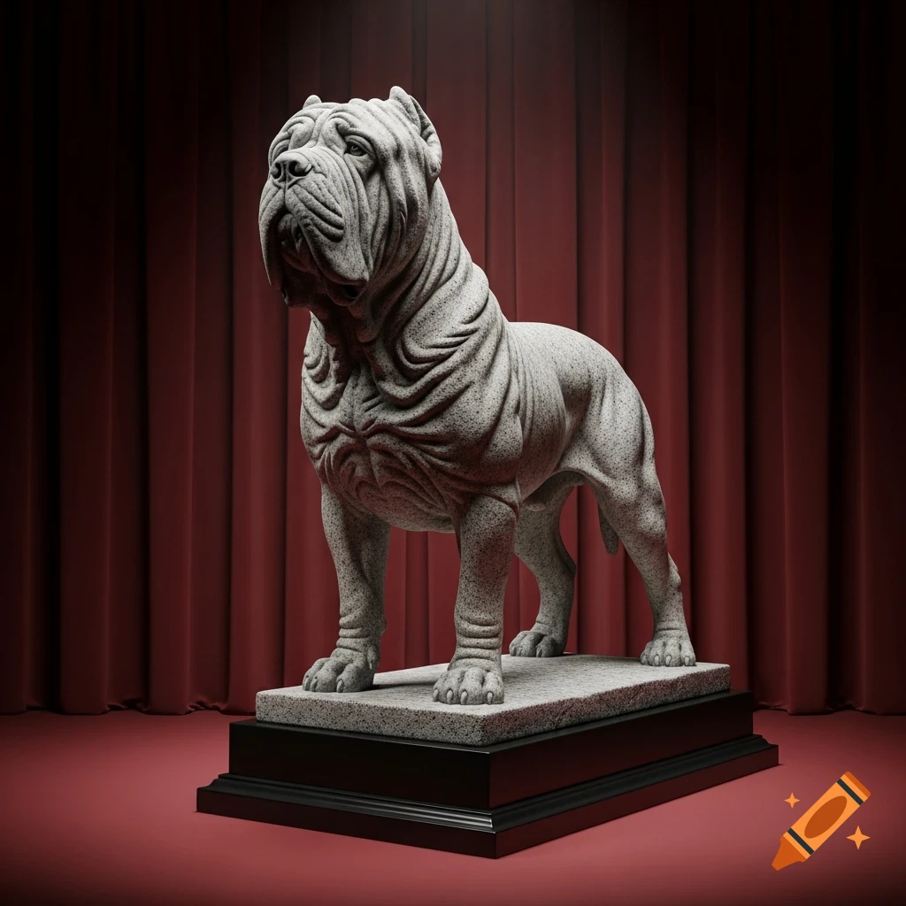 A detailed granite statue of a Neapolitan Mastiff dog standing on a base against a red curtain background.