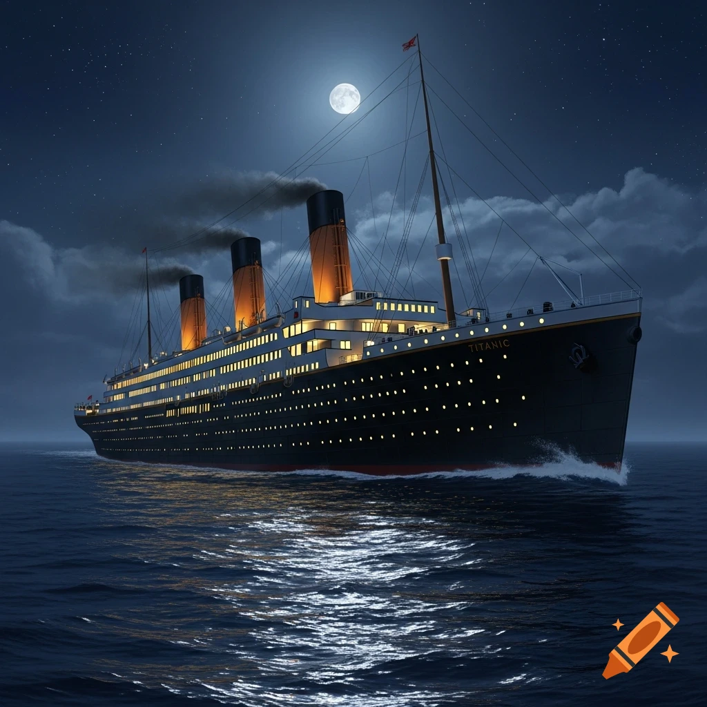 The illuminated Titanic cruise ship sails across a moonlit ocean at night, with smoke rising from its funnels, and the word "TITANIC" visible on its bow.