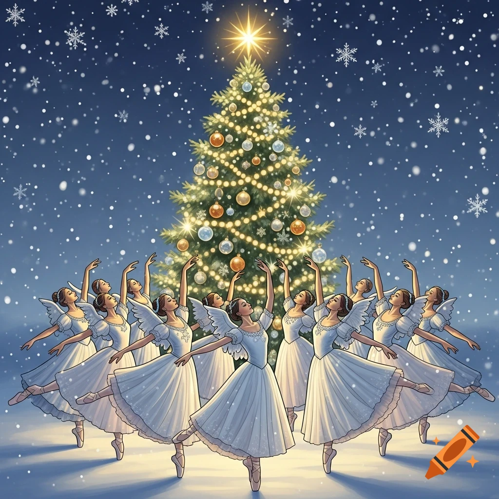 Illustration of ballerinas with angel wings dancing around a decorated Christmas tree in a snowy setting under falling snowflakes.