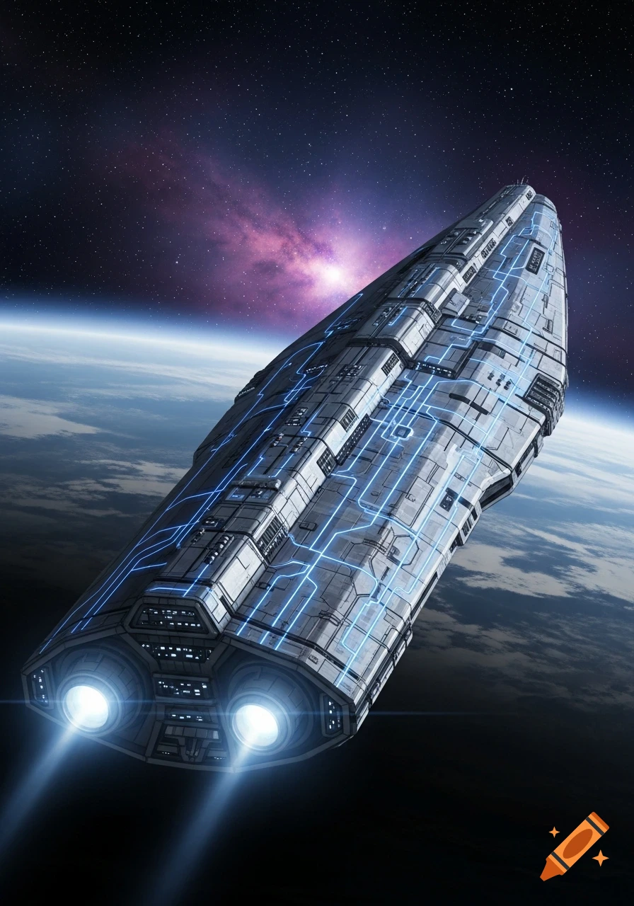 A detailed futuristic spaceship with glowing blue lines and bright engines ascends over a planet, set against a starry, nebular background.