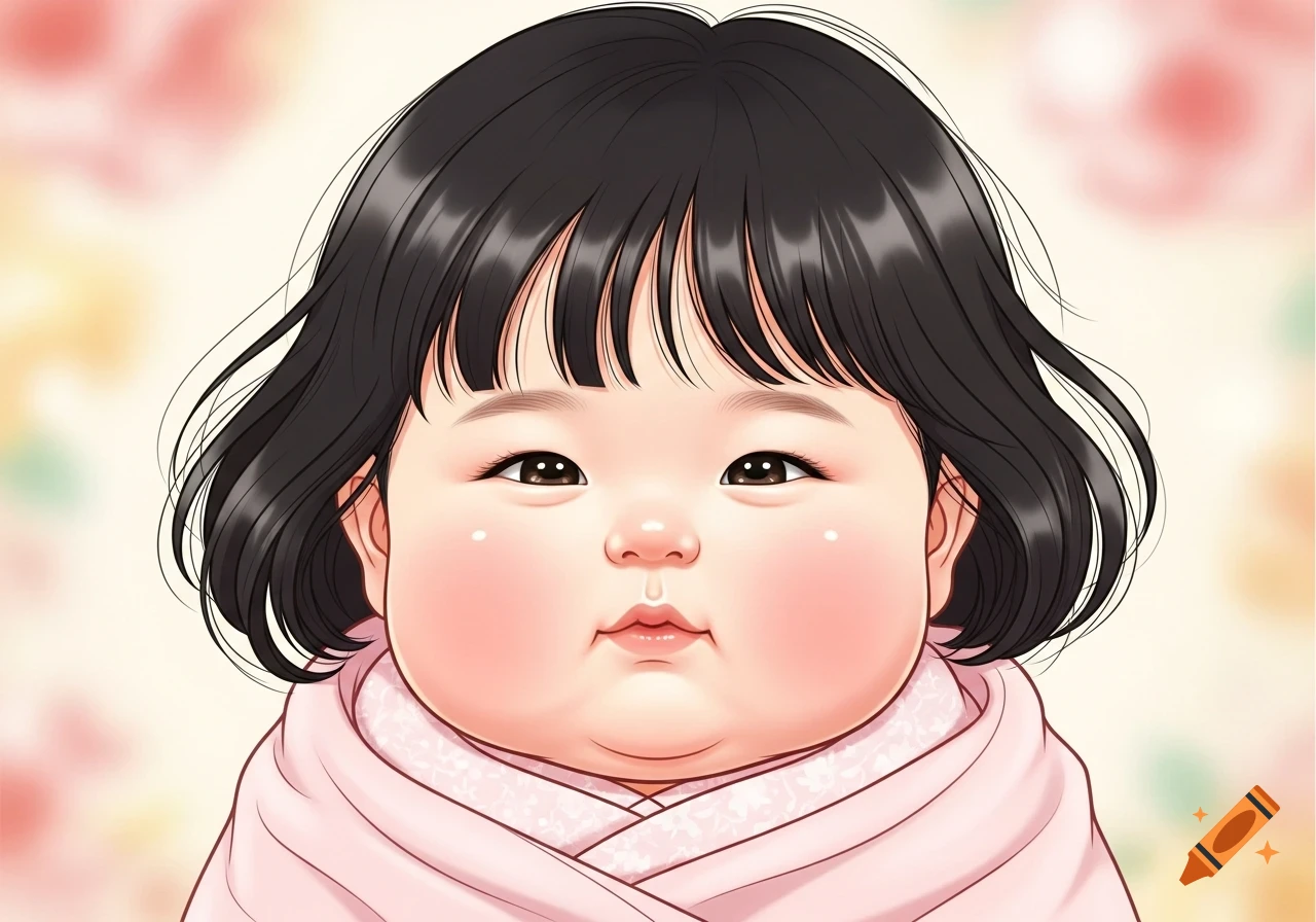 Close-up illustration of a cute baby with black hair and bangs, rosy cheeks, wearing a pink wrap, in a warm pastel anime style.