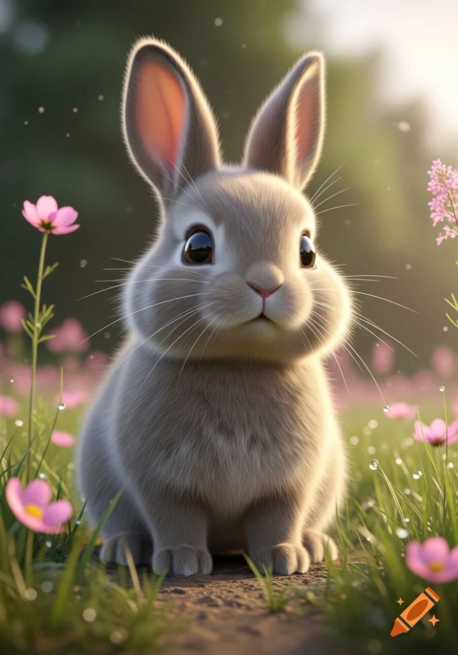 A very cute, fluffy grayish-brown bunny sits in a field of pink flowers and green grass with dew drops.
