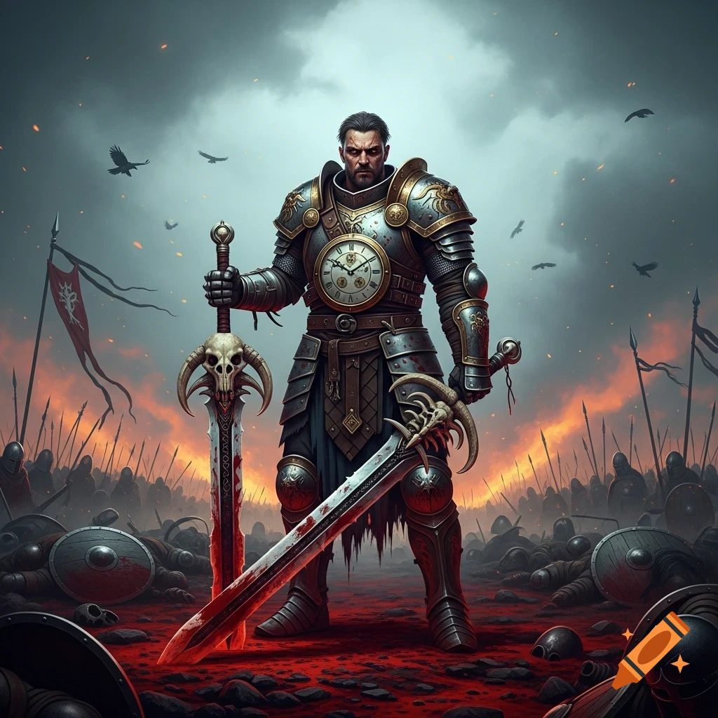 A dark fantasy warrior in ornate armor with a clock on his chest stands on a bloodied battlefield, holding two skull-decorated swords.