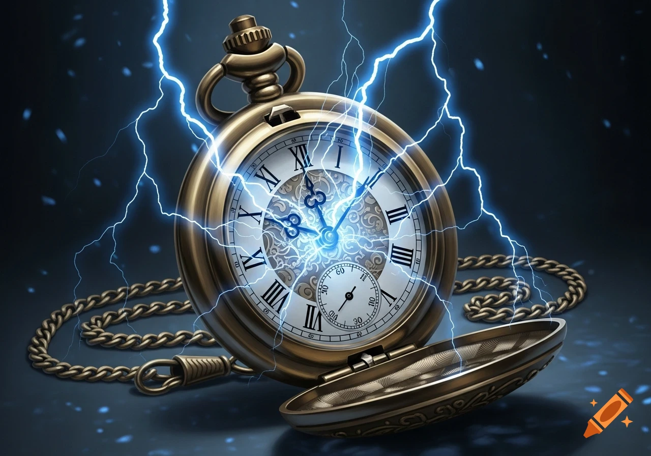 A brass pocket watch with a chain, emitting blue lightning from its face, resting on a dark surface.