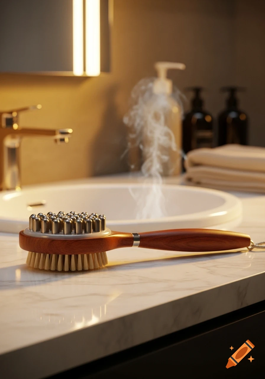 A wooden massage brush with metal nubs and bristles sits on a marble bathroom counter, with steam rising in the background.