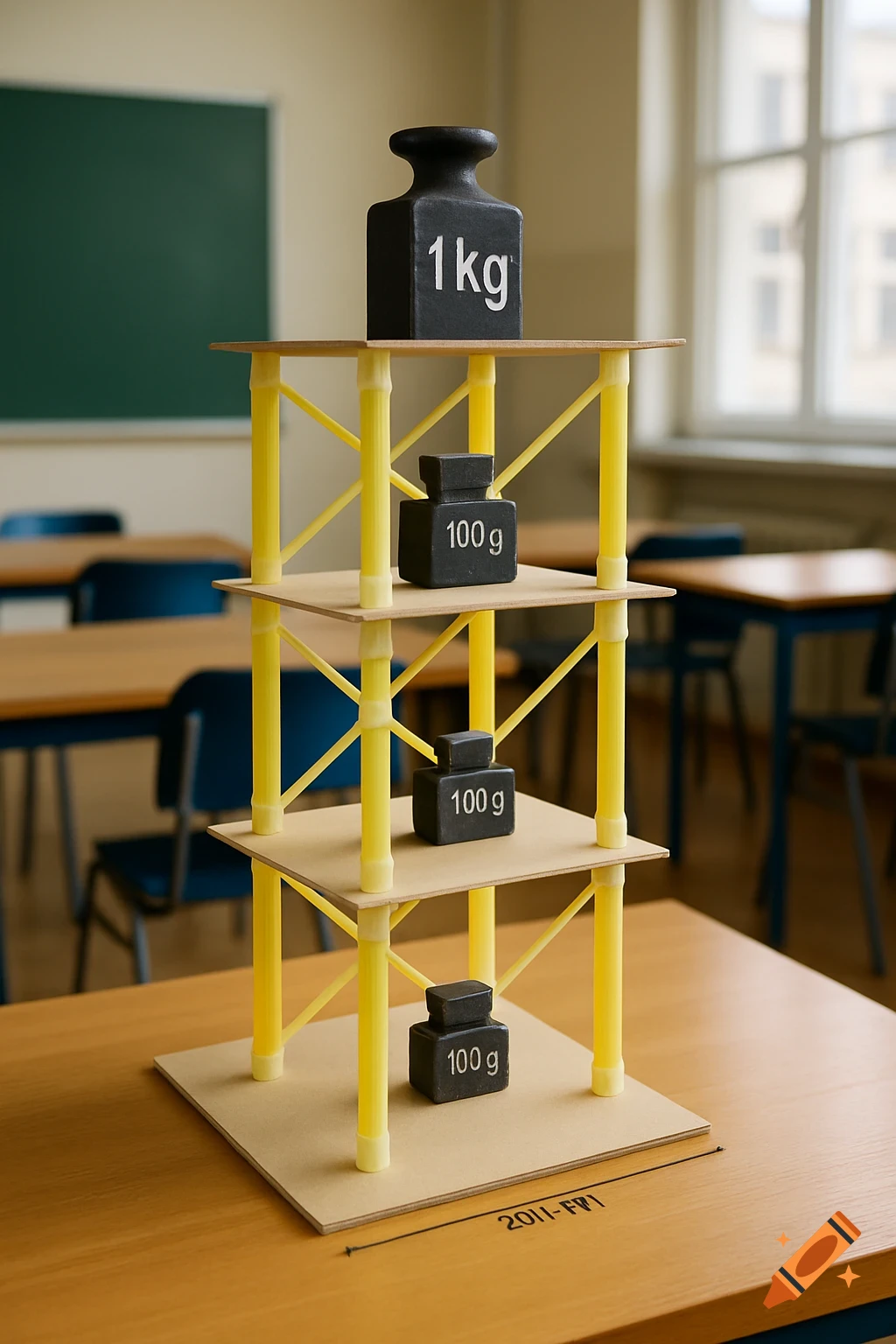 A photorealistic image of a multi-tiered engineering project tower with yellow columns and cardboard platforms on a wooden classroom table. Black weights labeled "100g" rest on lower platforms, and a "1kg" weight is on the top.