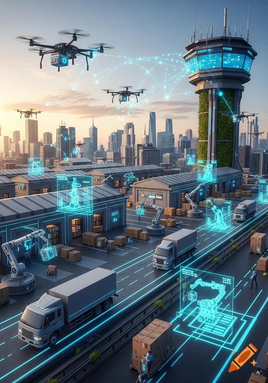 A futuristic smart logistics hub with drones flying over trucks, automated systems, and a control tower, set against a city skyline at sunset.