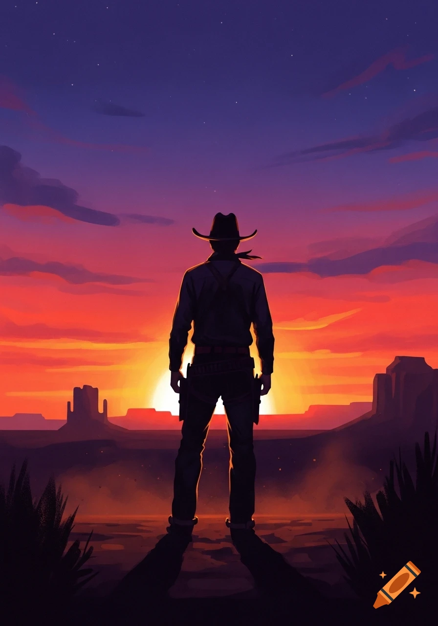 A cowboy silhouette stands facing a vibrant orange and purple sunset over a desert landscape with mesas.