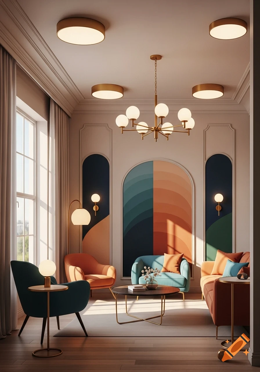 Modern living room with a colorful abstract arched wall art, contemporary teal and orange sofas, and stylish brass lighting fixtures.