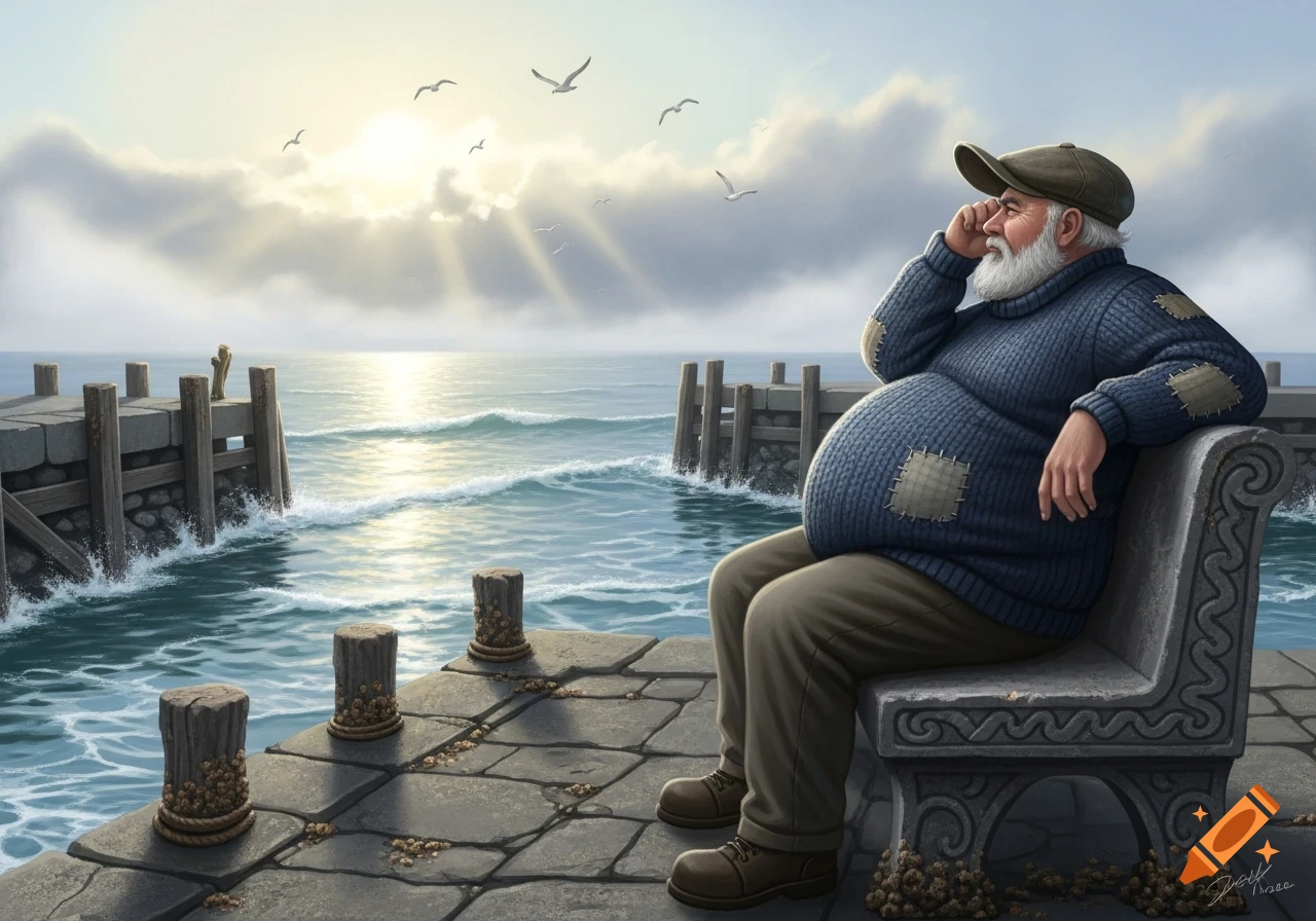 A portly old man with a beard and cap sits on a stone bench by an old harbor, looking at the sunlit sea and seagulls.
