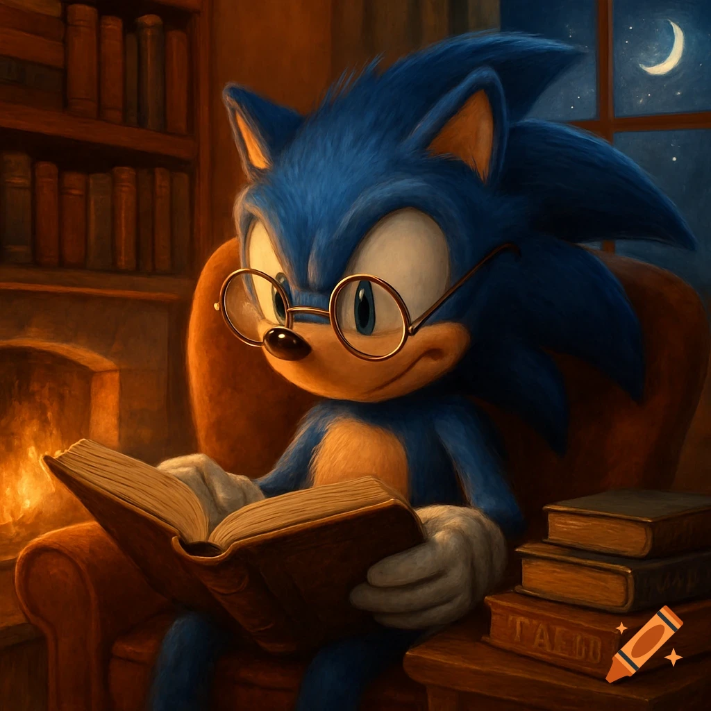 Sonic the Hedgehog wears reading glasses while reading a book by a cozy fireplace at night, with a bookshelf behind him.