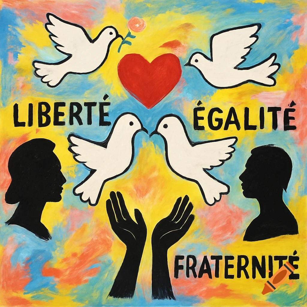 Childlike painting with white doves, a red heart, black silhouettes of people and hands, and the French motto 'Liberté, Égalité, Fraternité'.