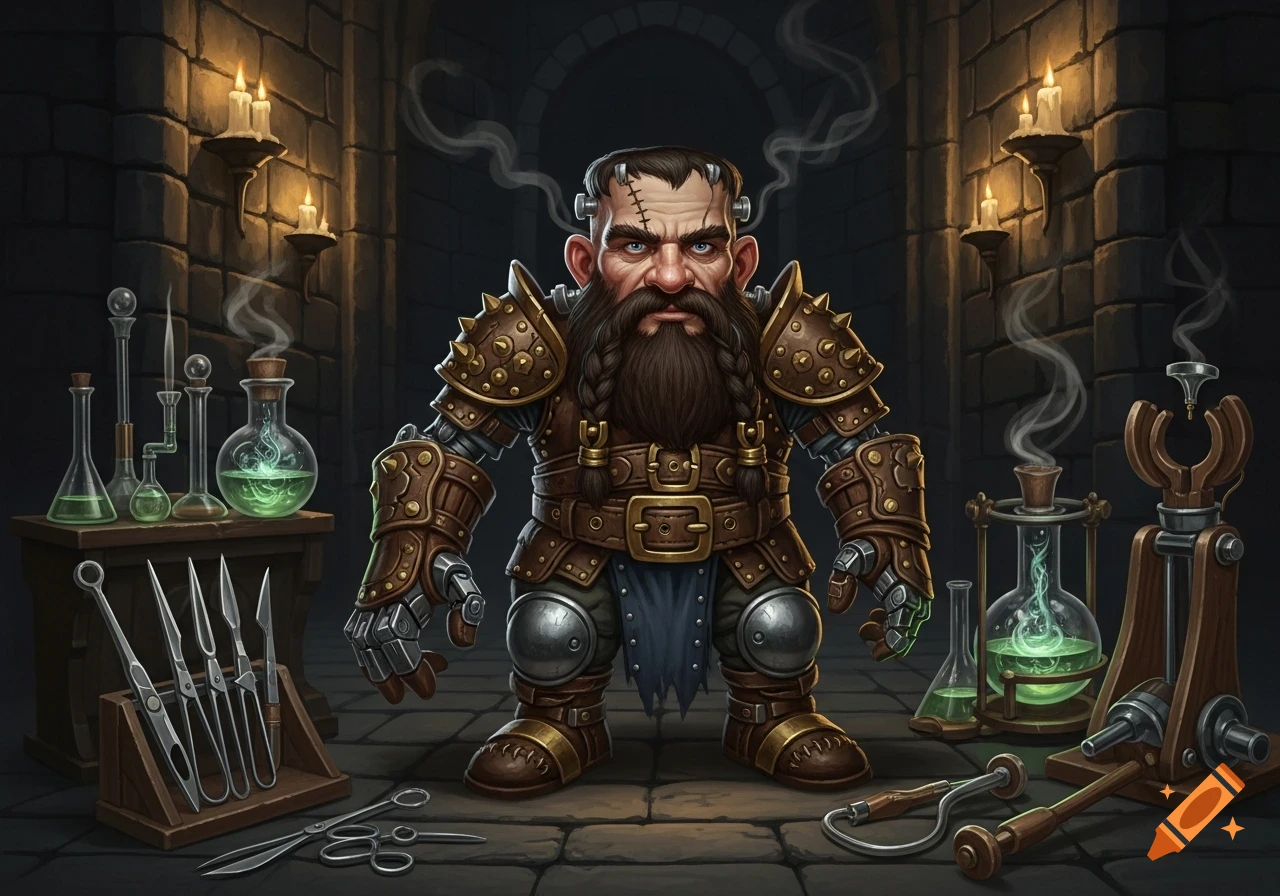 A fantasy dwarf with Frankenstein features, mechanical arms, and a braided beard, in a dark alchemist's lab with glowing potions and tools.