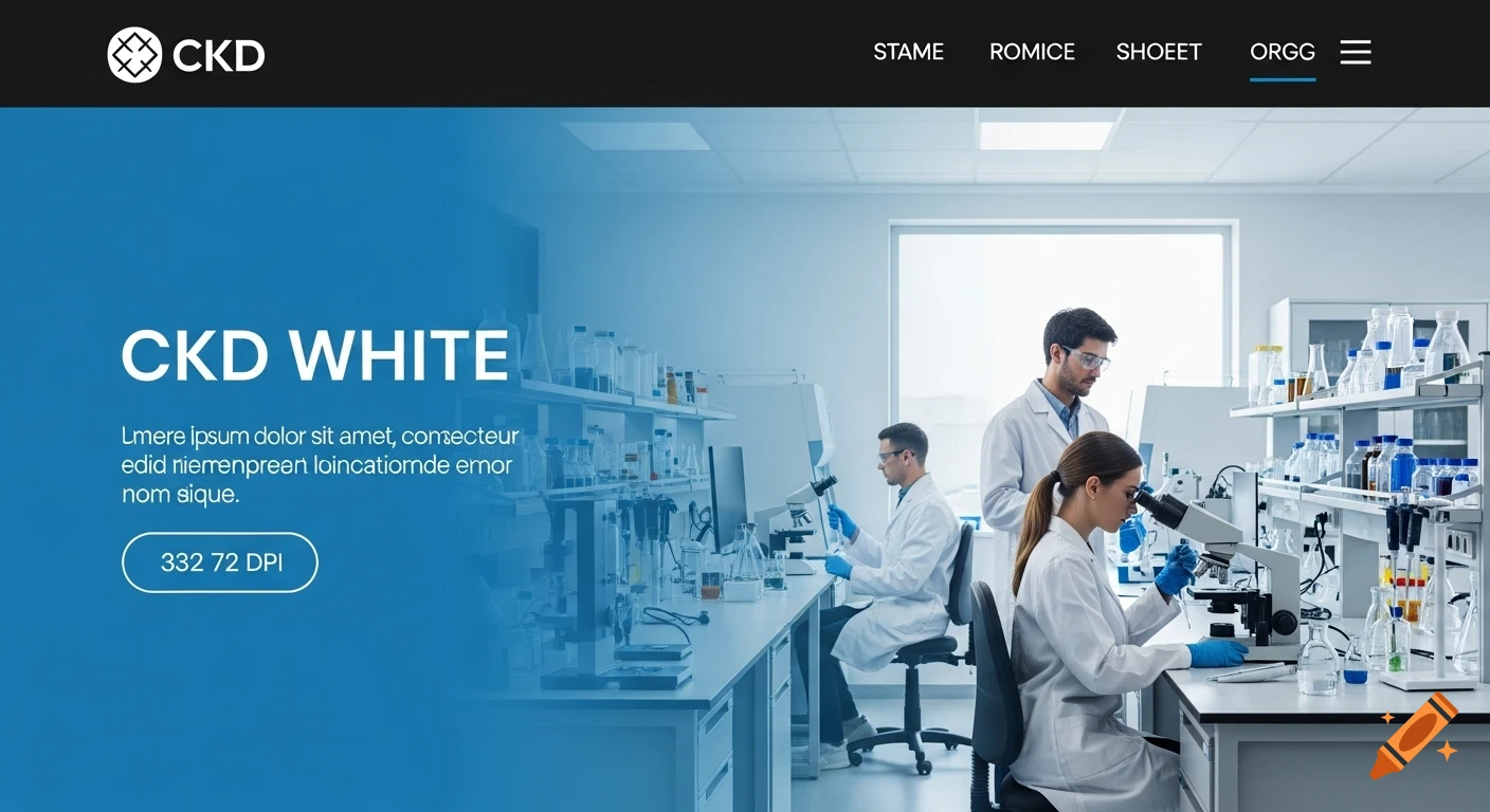 A web UI banner showing three researchers in white lab coats working in a modern pharmaceutical laboratory with blue and white branding.