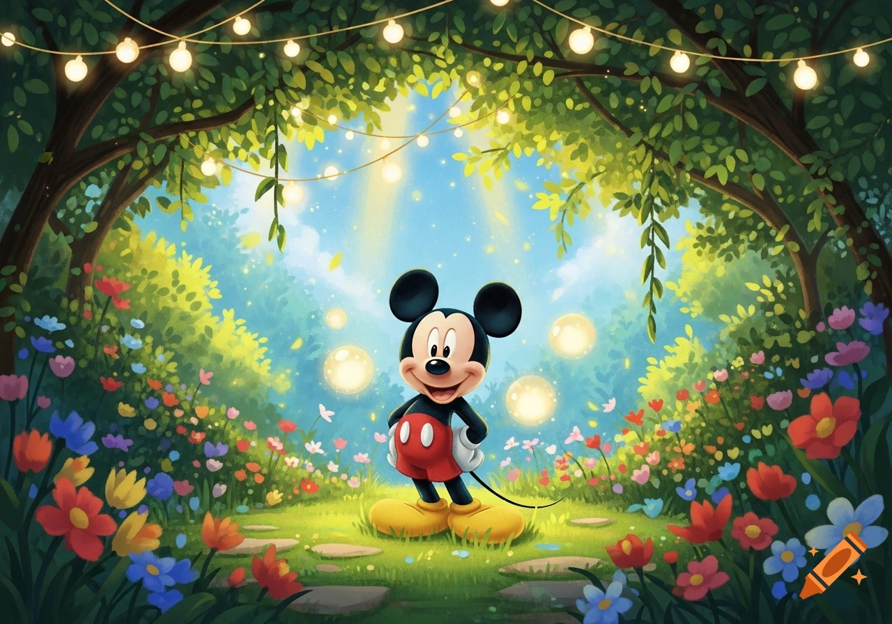 Mickey Mouse stands on a flowery path in a vibrant, enchanted forest with string lights and glowing orbs.