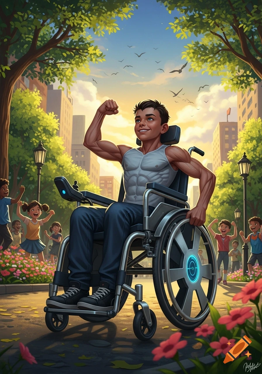 Illustrated boy in a power wheelchair flexing his bicep in a sunny park, with other children and city buildings behind him.