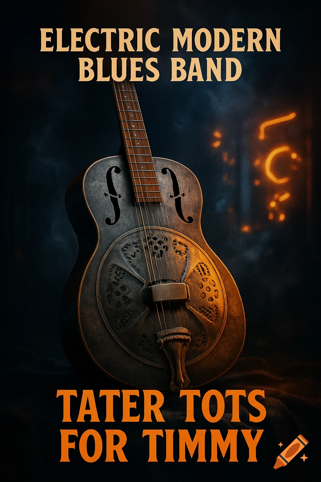 A detailed metal Dobro guitar on a dark, moody album cover with text 'ELECTRIC MODERN BLUES BAND' and 'TATER TOTS FOR TIMMY'.