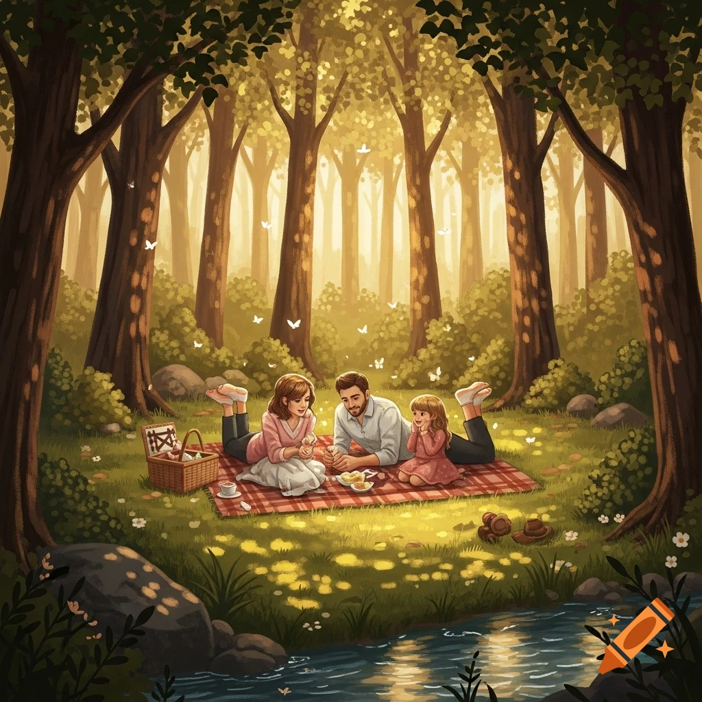Illustrated family picnic in a sunny forest by a stream with butterflies.