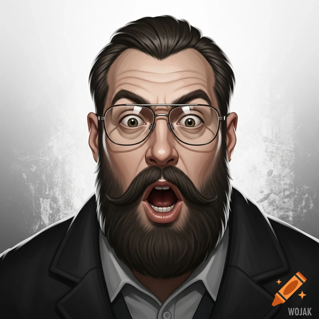 A stylized illustration of a surprised man with wide eyes behind glasses, a dark beard, and a gaping mouth.