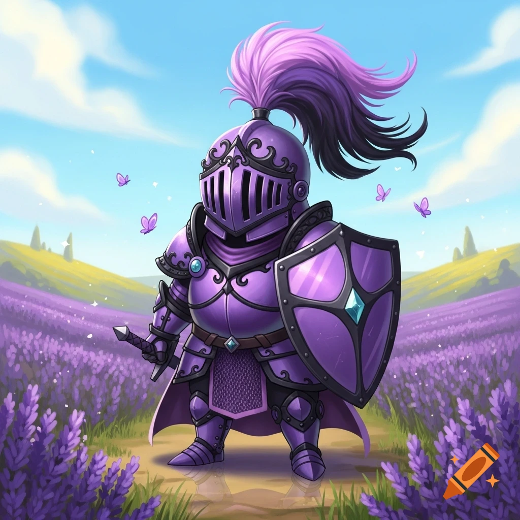 A cute, stylized purple knight with a feathered helmet and shield stands in a vibrant lavender field with butterflies.