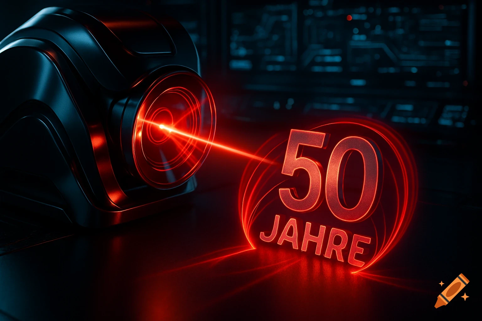 A sleek, dark futuristic device emits a red laser beam, projecting the glowing red text '50 JAHRE' onto a dark surface.