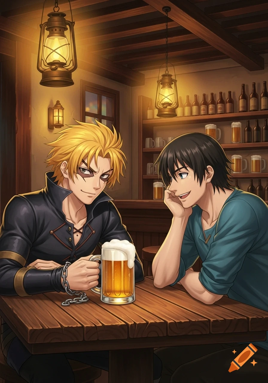 Two anime men, one blonde in black with a chained hand holding a beer, the other dark-haired in blue, sit at a wooden bar table.