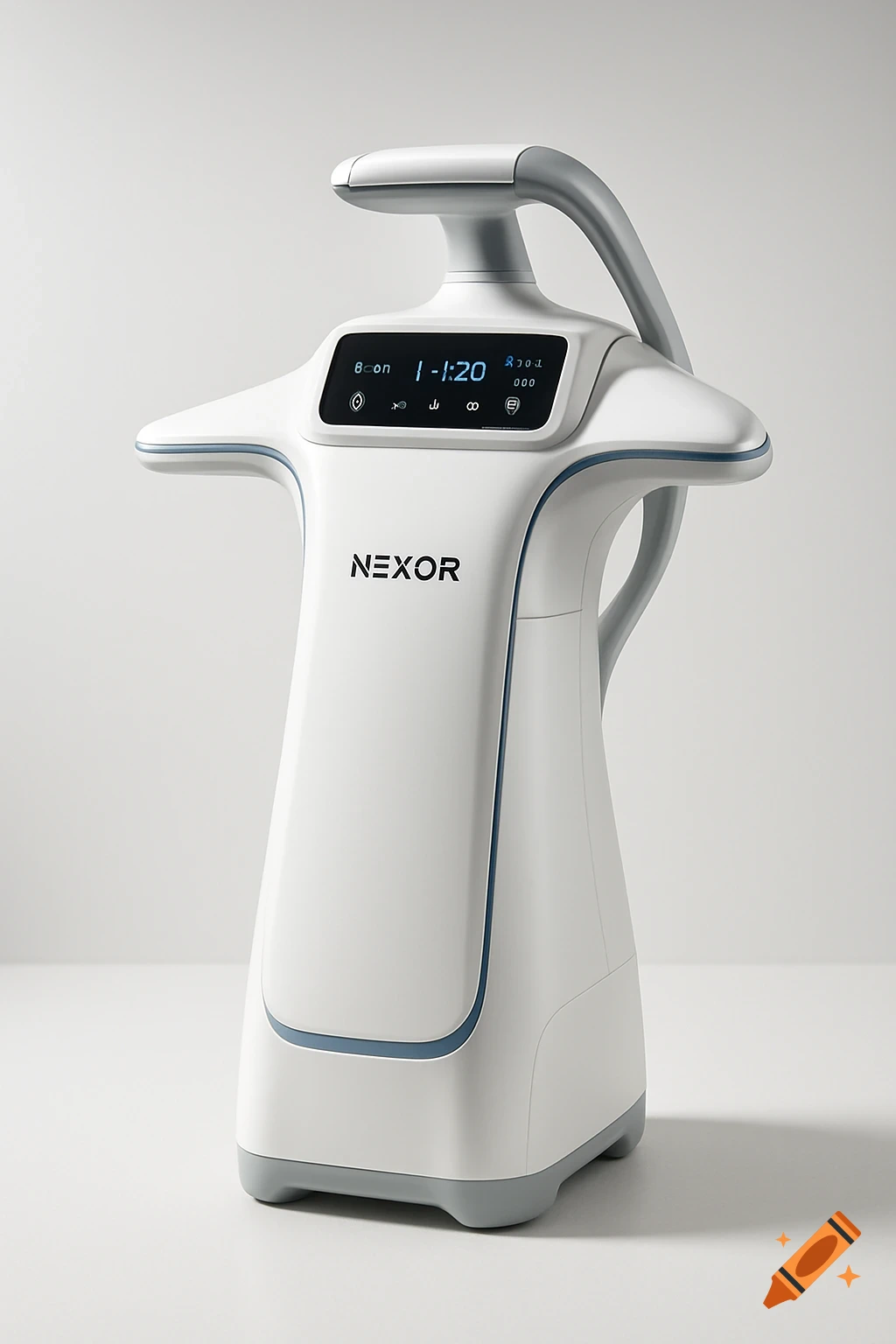 White, futuristic clothes dryer/steamer with blue and gray accents, a digital display, and 'NEXOR' logo, in product photography style.