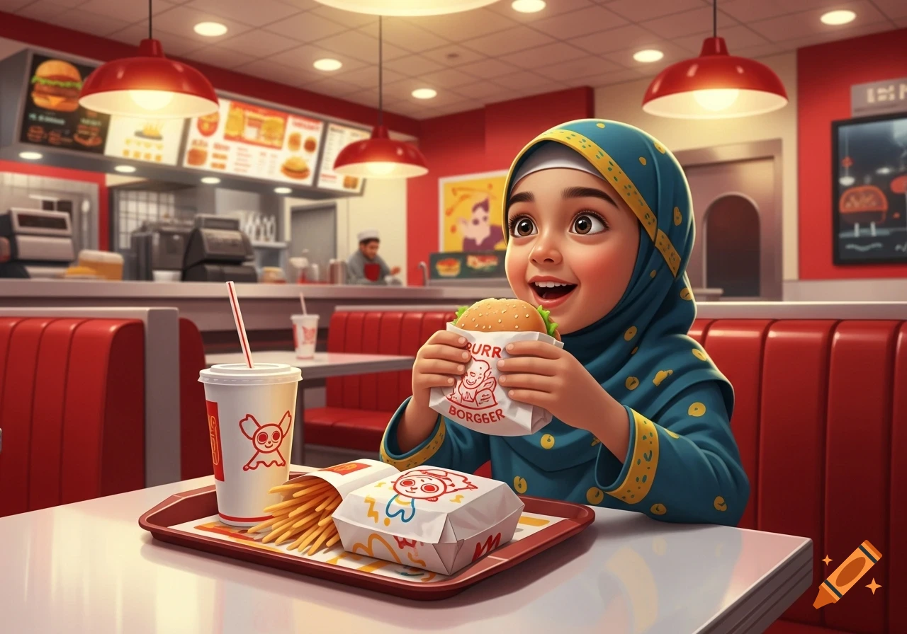 A happy cartoon Muslim child in a teal hijab sits in a fast-food restaurant booth, holding a burger and looking up.