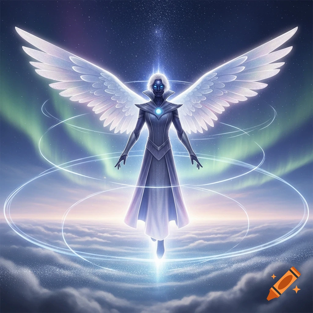 An ethereal angelic figure with white wings, glowing blue eyes, and a dark suit floats above clouds under a starry sky with aurora lights and glowing rings.